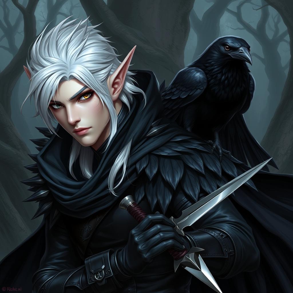 A male Shadar-Kai dark rogue with striking white hair and elongated elfish ears, featuring pale skin and piercing black eyes