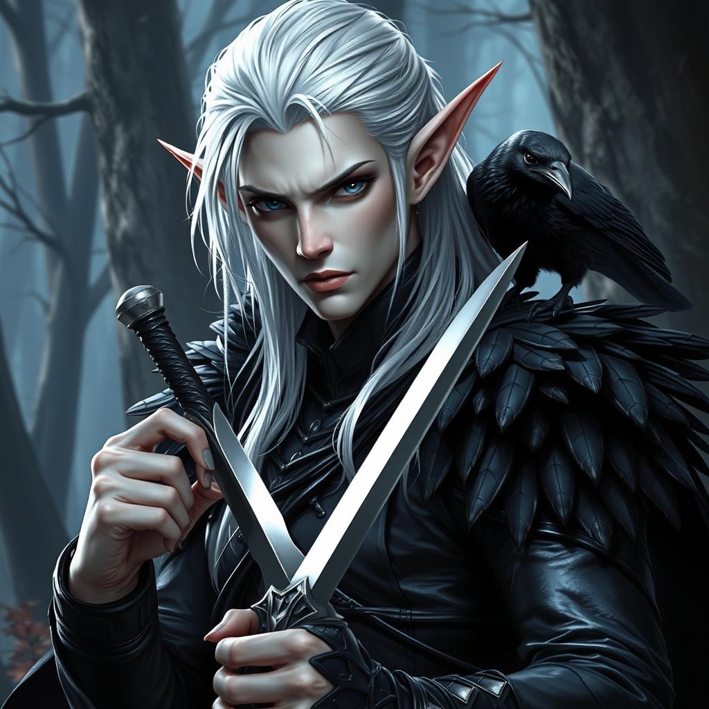 A male Shadar-Kai dark rogue with striking white hair and elongated elfish ears, showcasing pale skin and mesmerizing black eyes devoid of pupils