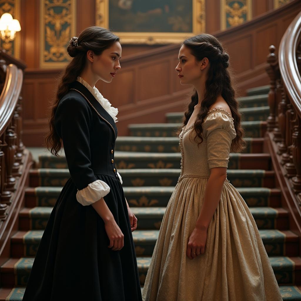 A beautiful woman from the 20th century dressed in a professional long skirt and a stylish jacket, facing her twin sister who is adorned in an elegant 17th century gown