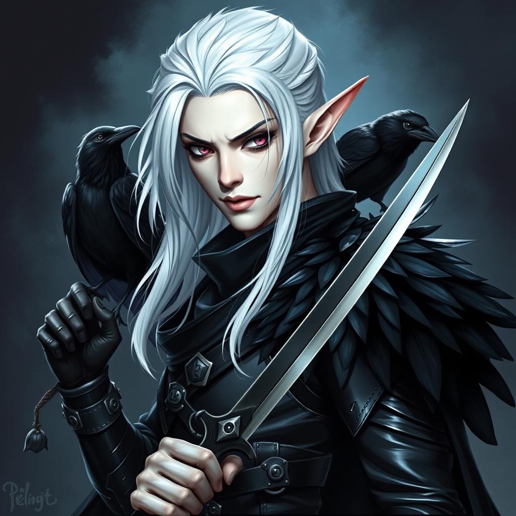 A male Shadar-Kai dark rogue with striking white hair and elongated elfish ears, characterized by pale skin and unique black eyes that have no pupils
