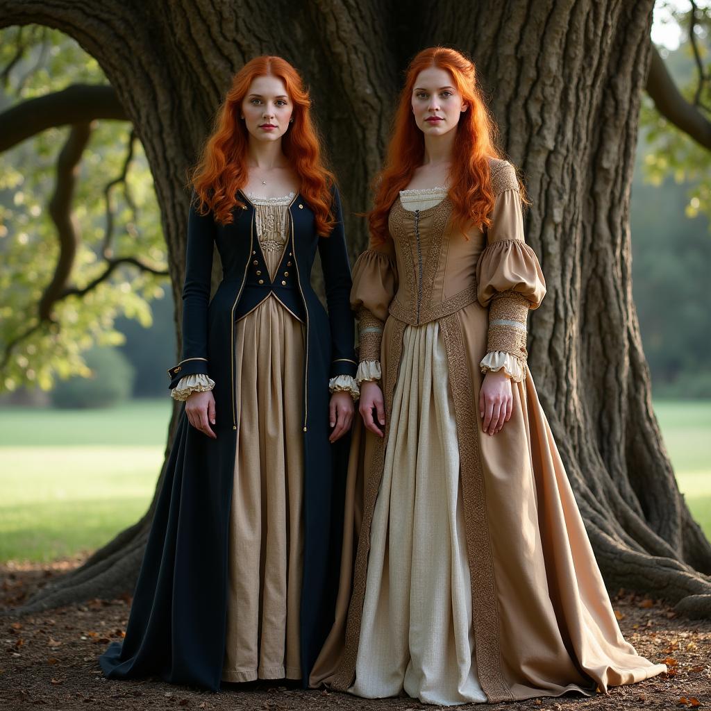 A stunning scene featuring a beautiful auburn-haired woman dressed in a professional long skirt and jacket, standing confidently next to her twin sister who is adorned in an elaborate 17th-century gown