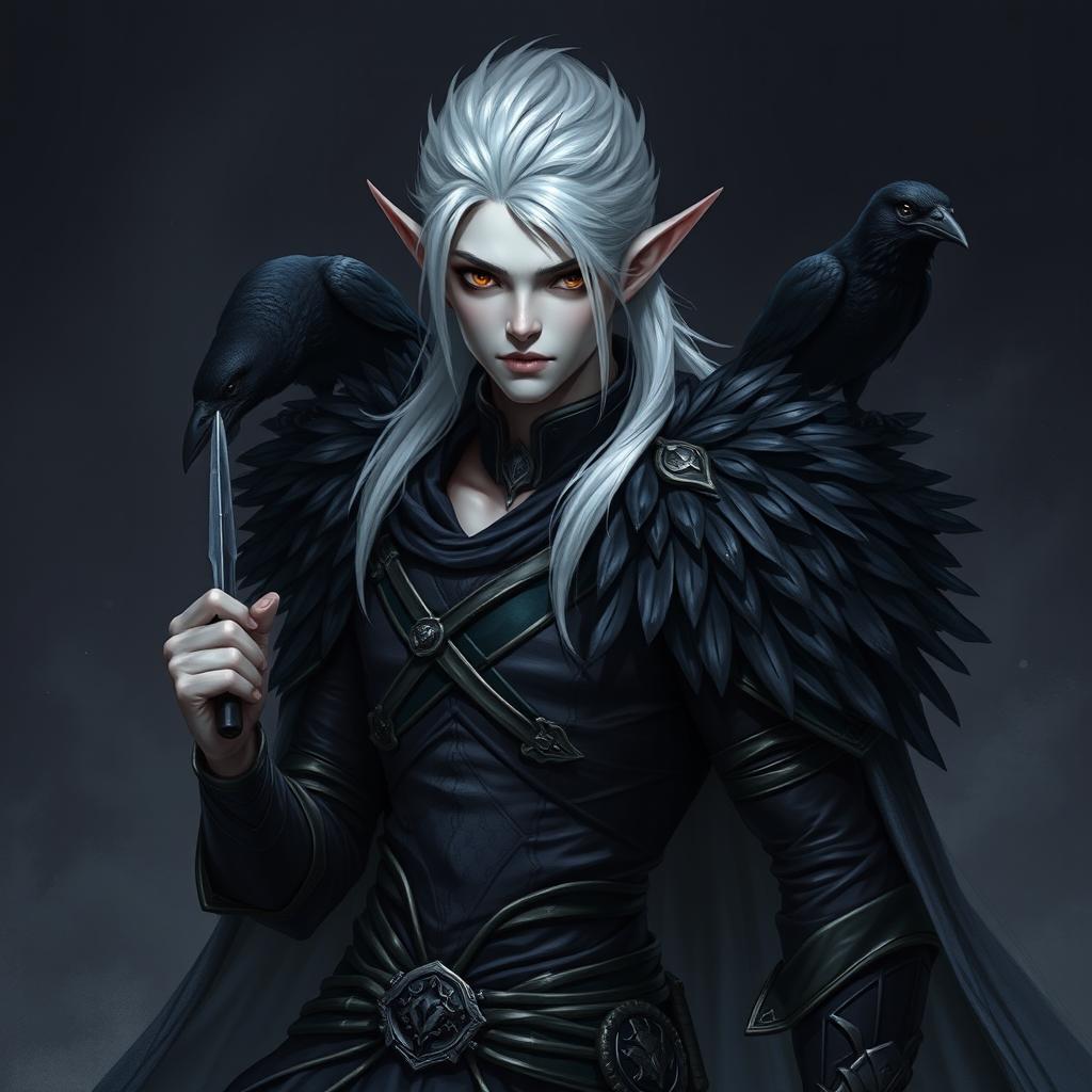 A male Shadar-Kai dark rogue with no pupils in his deep black eyes, showcasing striking white hair and elongated elfish ears