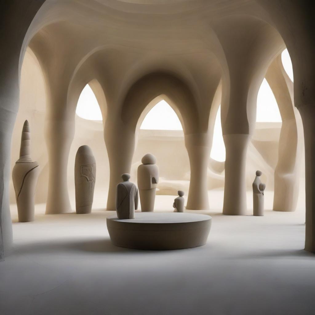 An enormous avant-garde concrete gallery with a beach-inspired floor. Intricate sand sculptures are stationed within the space, reflecting the artistic nature of the room. Diminutive silhouettes are dispersed, engrossed in the artwork and sculptures. The scene is depicted in a powerful architectural photography style.