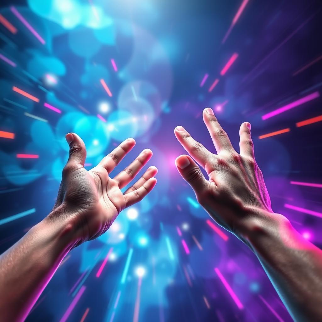 A dynamic and visually engaging image depicting two hands reaching out towards each other, with vibrant motion graphics elements surrounding them