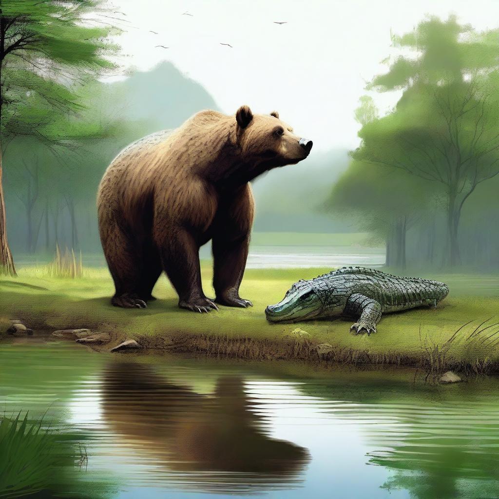 A high-quality digital art piece featuring a bear and a crocodile in a natural environment