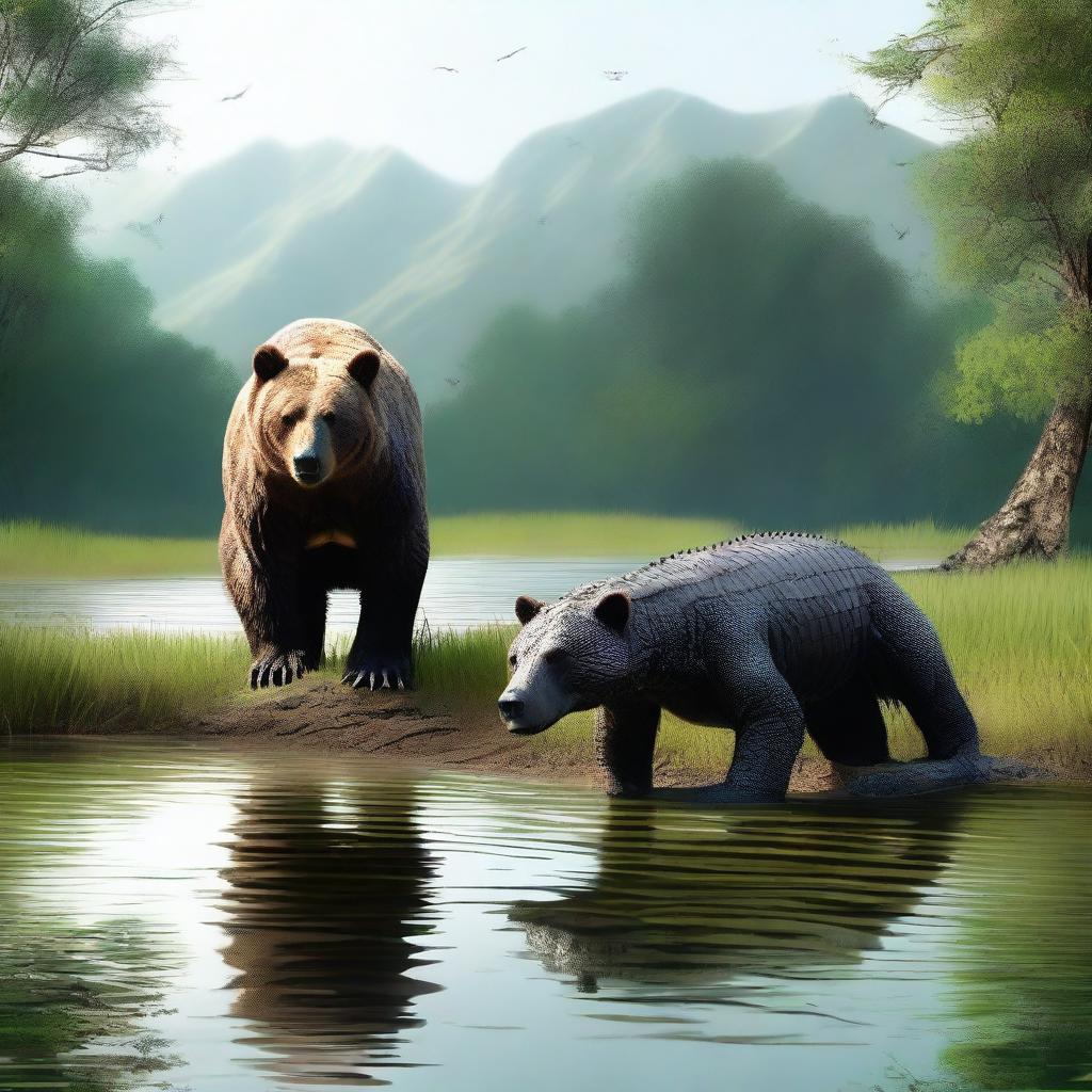 A high-quality digital art piece featuring a bear and a crocodile in a natural environment