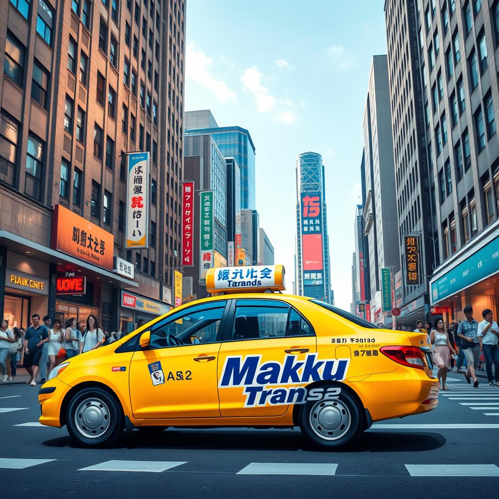 An artistic representation of a vibrant yellow taxi featuring the name 'Maku Trans' prominently displayed on its side