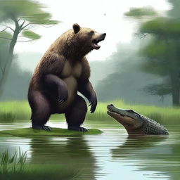 A high-quality digital art piece featuring a bear and a crocodile in a natural environment