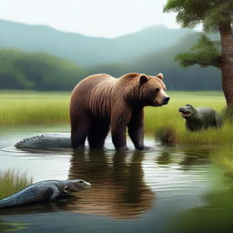 A high-quality digital art piece featuring a bear and a crocodile in a natural environment