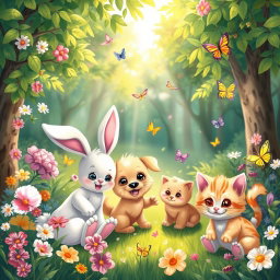 A whimsical scene depicting a cute and colorful collection of adorable animals playing together in a vibrant forest