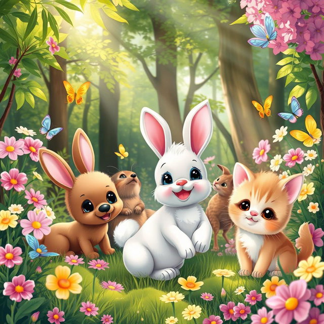 A whimsical scene depicting a cute and colorful collection of adorable animals playing together in a vibrant forest