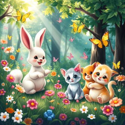A whimsical scene depicting a cute and colorful collection of adorable animals playing together in a vibrant forest