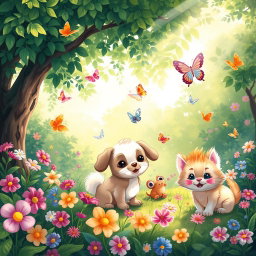 A whimsical scene depicting a cute and colorful collection of adorable animals playing together in a vibrant forest