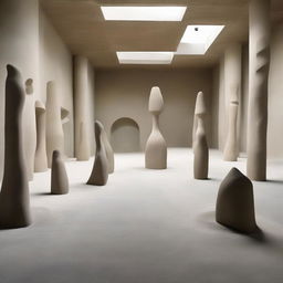 An enormous avant-garde concrete gallery with a beach-inspired floor. Intricate sand sculptures are stationed within the space, reflecting the artistic nature of the room. Diminutive silhouettes are dispersed, engrossed in the artwork and sculptures. The scene is depicted in a powerful architectural photography style.