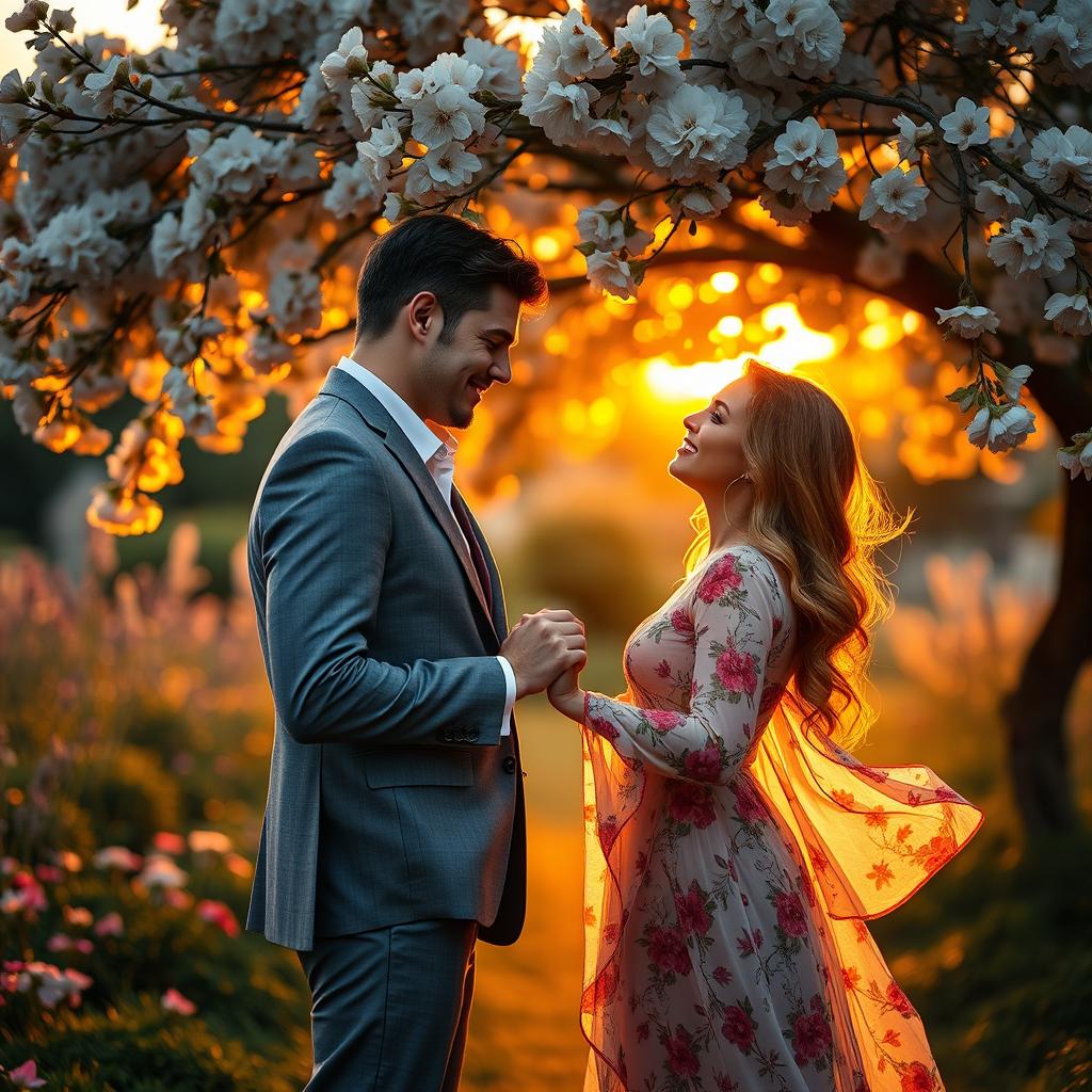 A romantic scene in a lush, serene garden during sunset, filled with blooming flowers and warm golden light