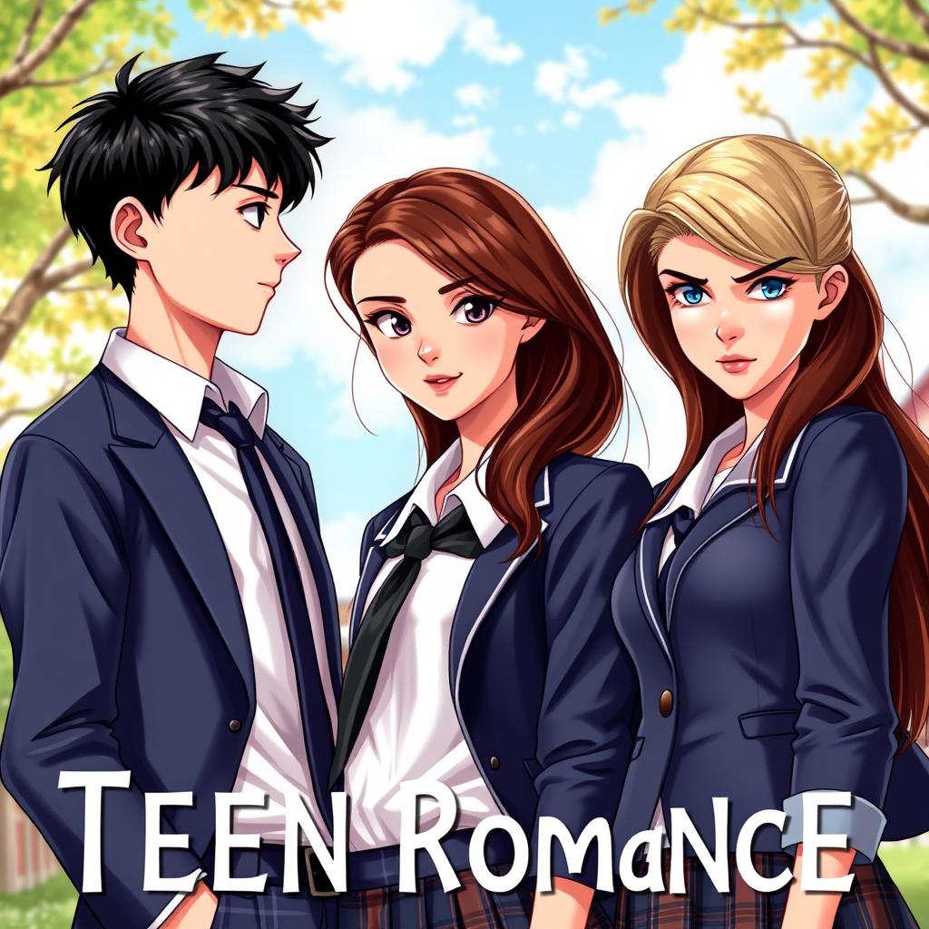 A vibrant and captivating cover for a teen romance ebook, featuring a teenage couple in school uniforms