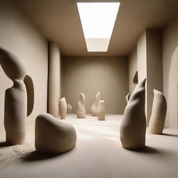 An enormous, ultra-avant-garde gallery with floors resembling a beach and polished concrete walls reflecting the room's light. Sand sculptures present an unexpected surprise, while tiny silhouettes admire them and—the artworks on the walls. The entire vista is captured with high-impact architectural photography.