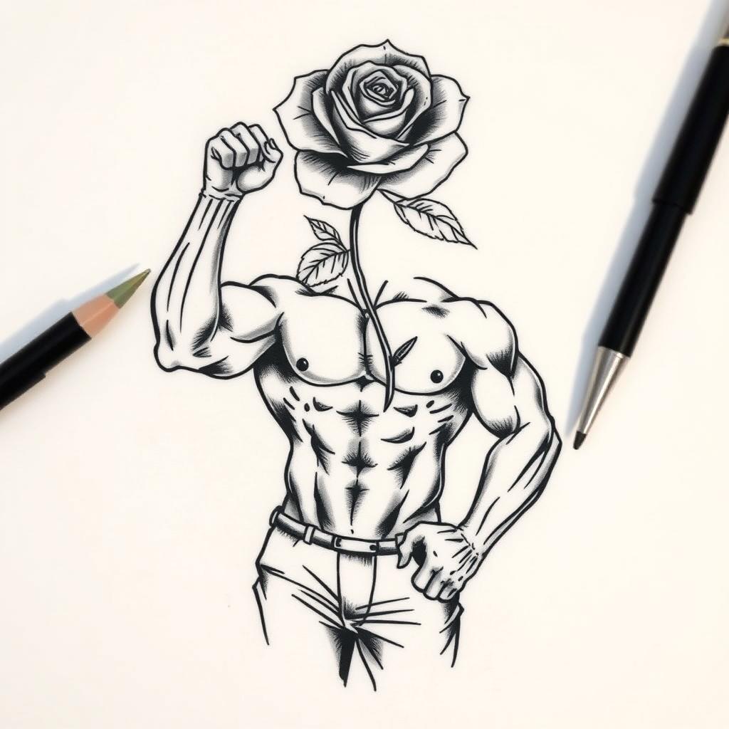 A striking tattoo design featuring a muscular and well-defined person standing confidently, with one hand raised