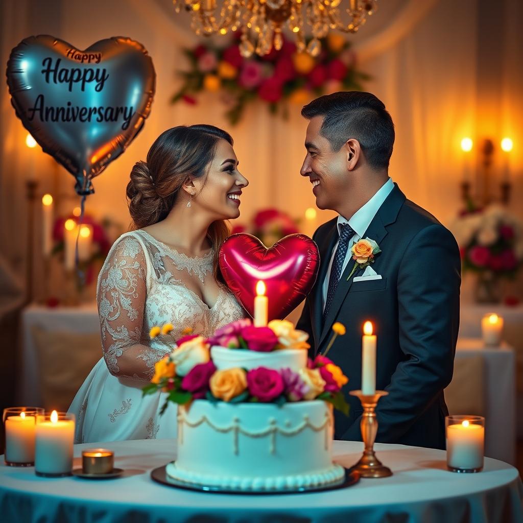 A romantic scene celebrating a wedding anniversary, featuring a loving couple with the same facial features as the provided image
