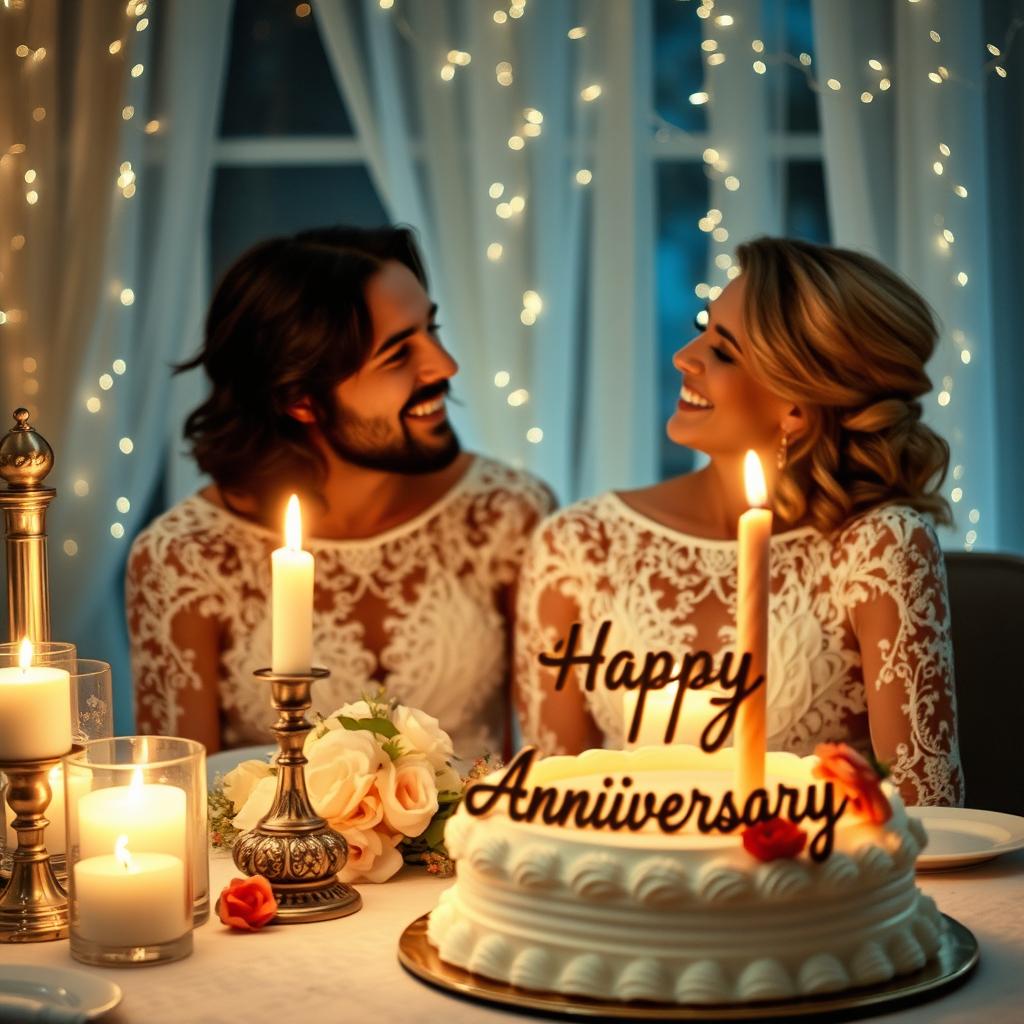 A romantic wedding anniversary scene featuring a couple with the same facial features as the image provided