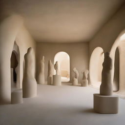 An enormous, ultra-avant-garde gallery with floors resembling a beach and polished concrete walls reflecting the room's light. Sand sculptures present an unexpected surprise, while tiny silhouettes admire them and—the artworks on the walls. The entire vista is captured with high-impact architectural photography.