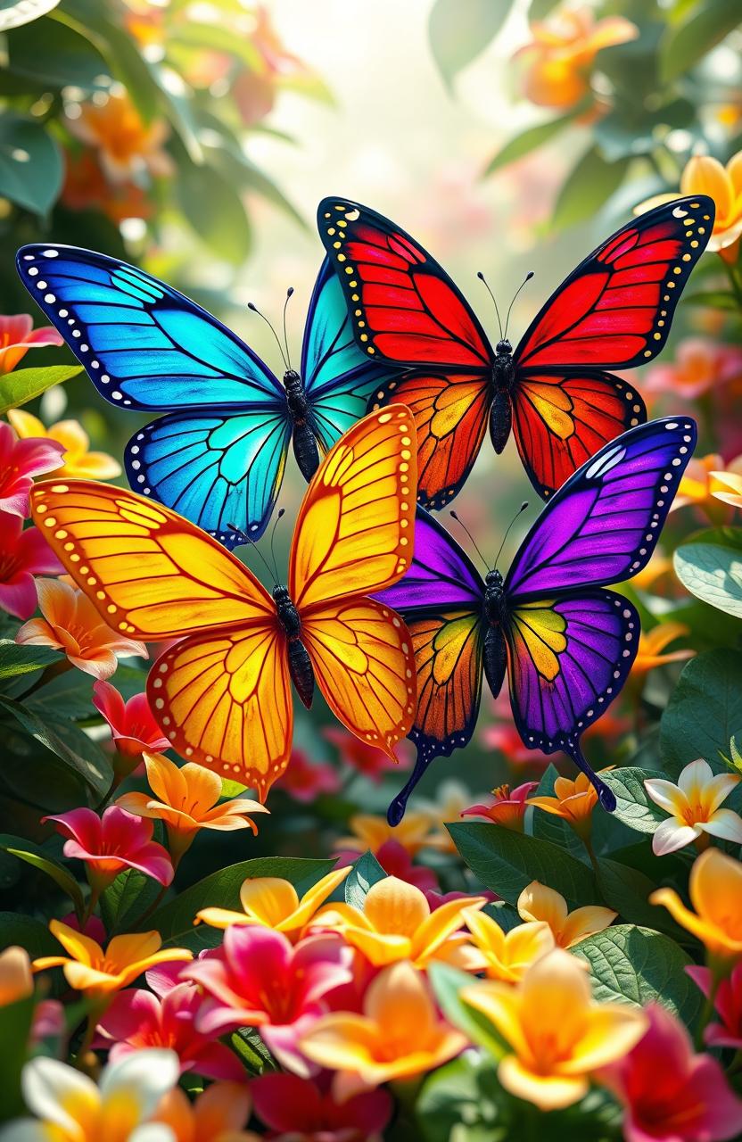 A stunning and imaginative book cover design featuring four colorful butterflies with the bodies of women, each embodying unique expressions and postures that symbolize their journeys towards happiness