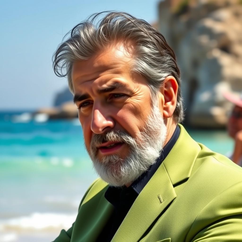 An Iranian official without a beard, wearing a stylish suit in a vibrant color, enjoying leisure time on a beach in Turkey