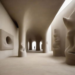 An enormous, ultra-avant-garde gallery with floors resembling a beach and polished concrete walls reflecting the room's light. Sand sculptures present an unexpected surprise, while tiny silhouettes admire them and—the artworks on the walls. The entire vista is captured with high-impact architectural photography.