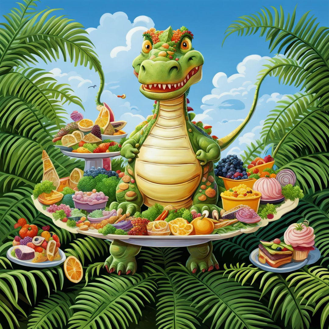 A high-quality, cartoon-style image of a Platter Saurus, a whimsical creature that combines a dinosaur with a serving platter