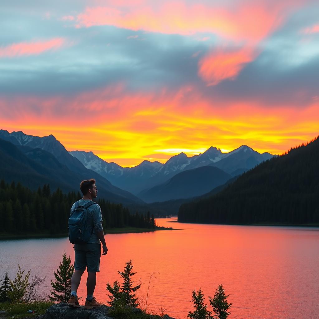 A serene landscape showcasing a breathtaking view of mountains at sunset, with vibrant orange and pink hues illuminating the sky