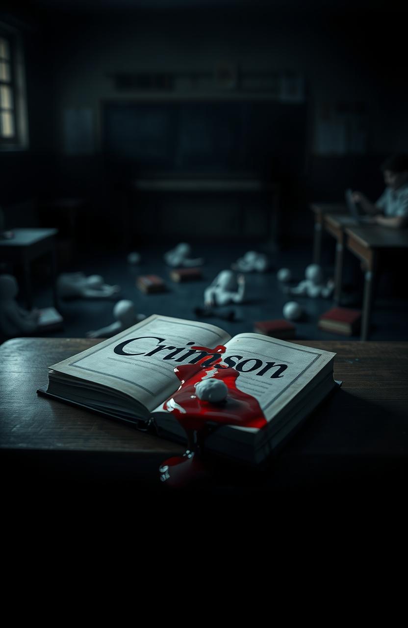 A dark classroom scene with a focus on a book lying open on a desk