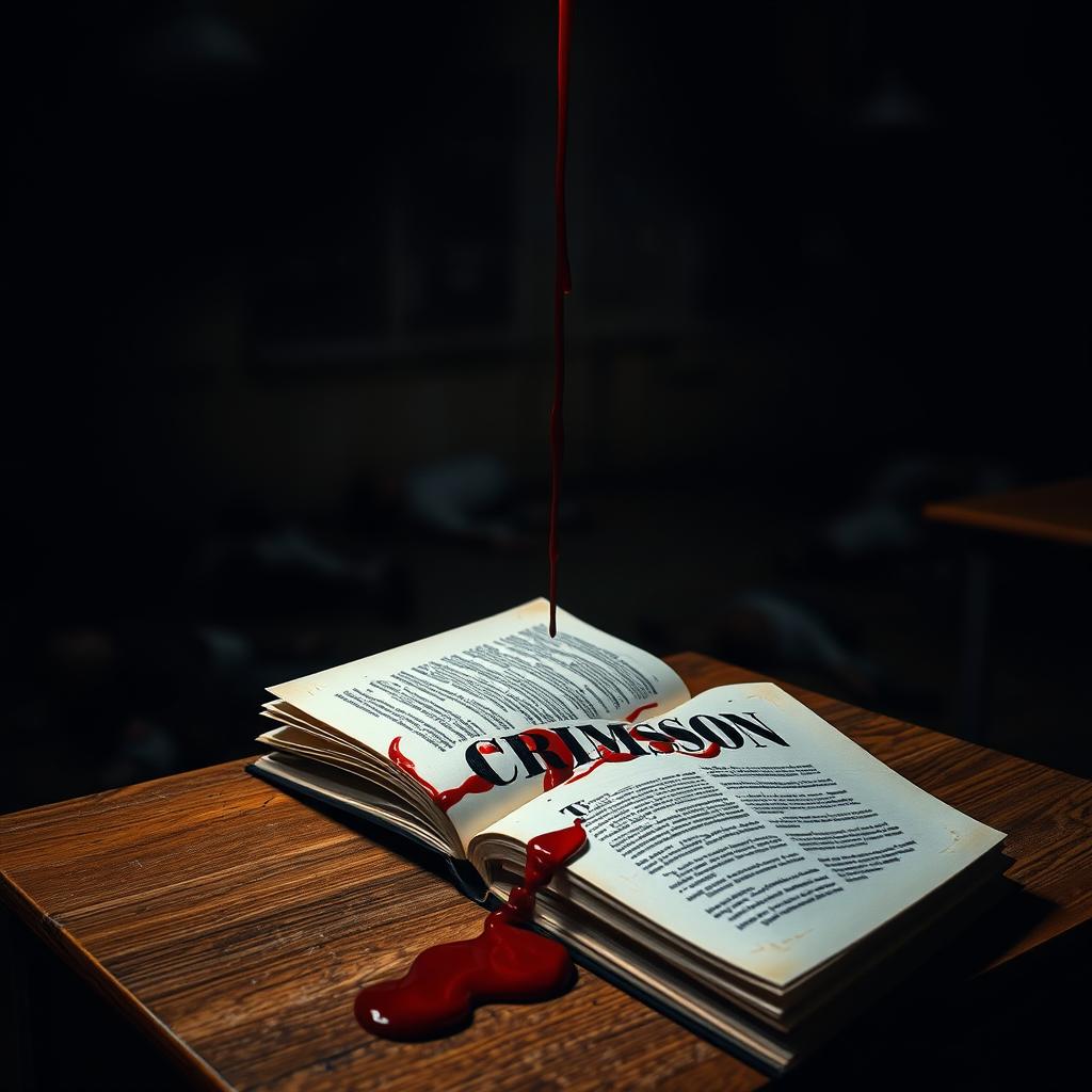 A dark, moody classroom setting with an open book on a wooden desk