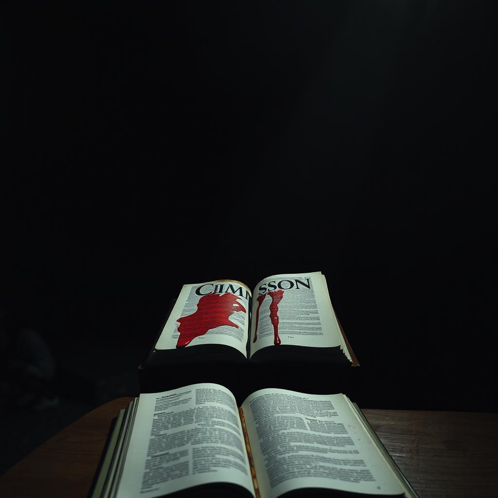 In a dimly lit, dark classroom, an open book rests on a desk with blood dripping down from its top cover