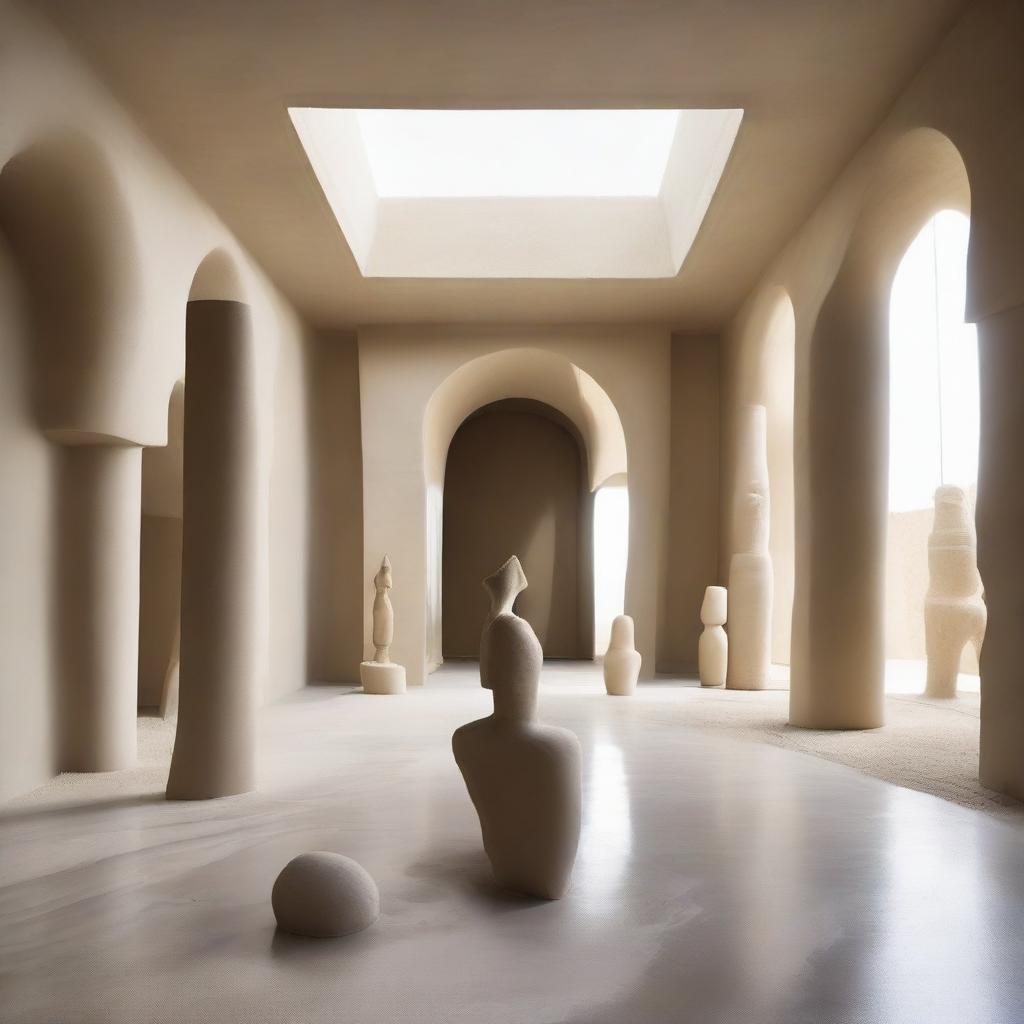 An enormous, ultra-avant-garde gallery with floors resembling a beach and polished concrete walls reflecting the room's light. Sand sculptures present an unexpected surprise, while tiny silhouettes admire them and—the artworks on the walls. The entire vista is captured with high-impact architectural photography.