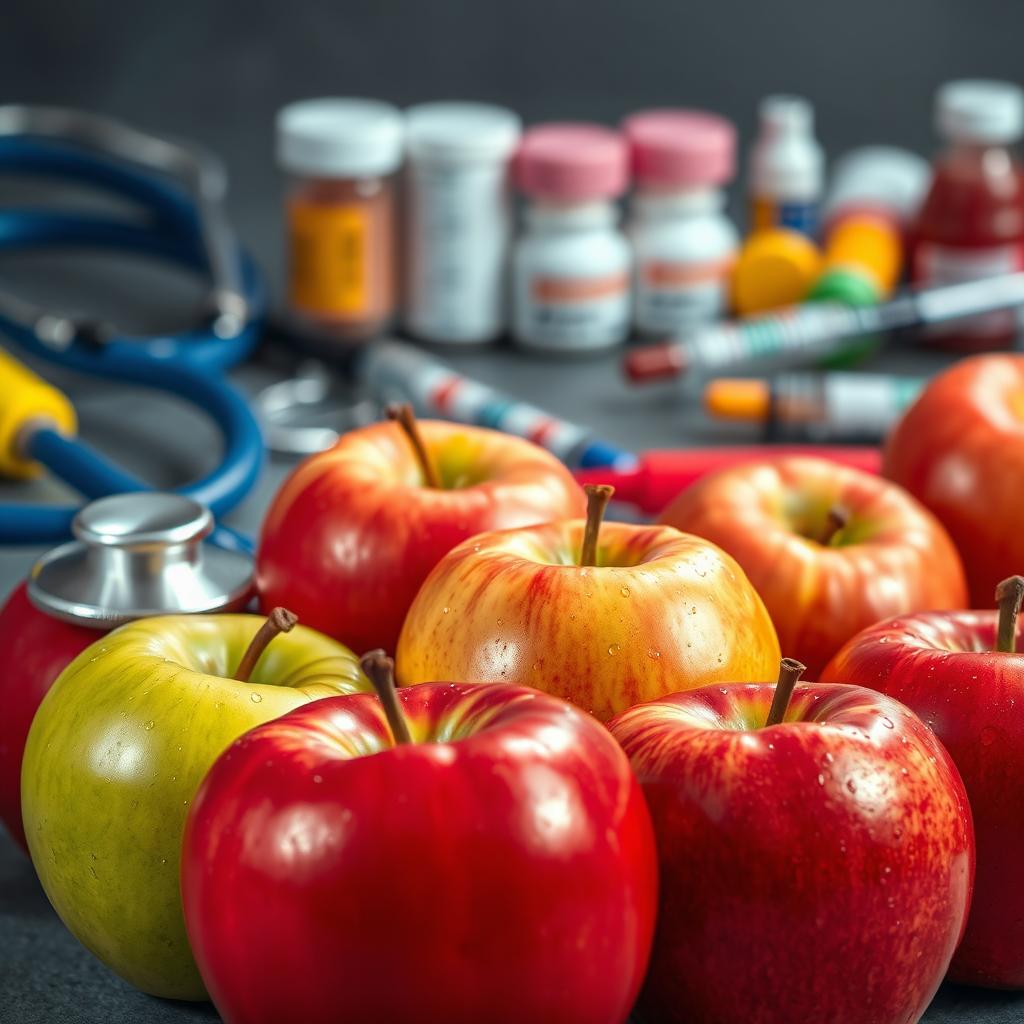 A visually striking scene combining elements of fresh, shiny apples and various medical tools