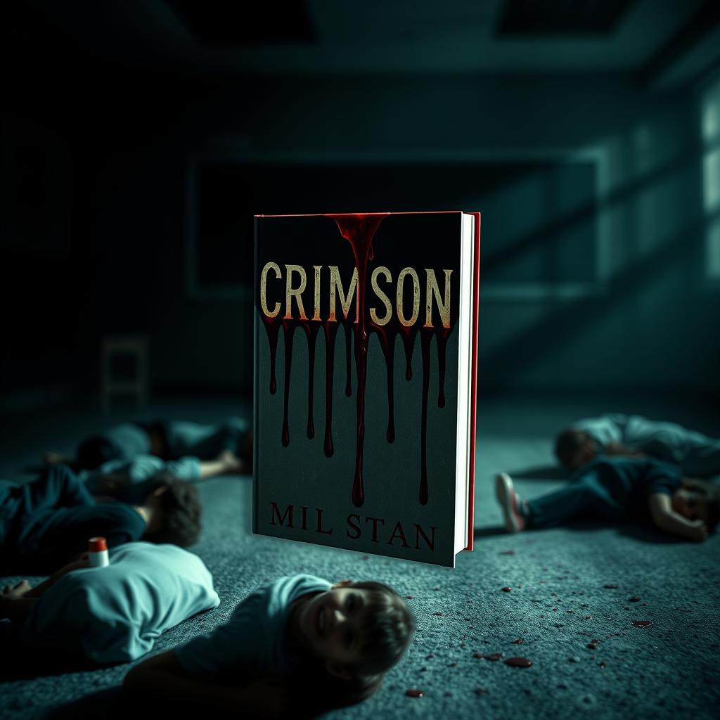 The cover of a book prominently displays blood dripping down from the top, set against a haunting backdrop of a dark classroom