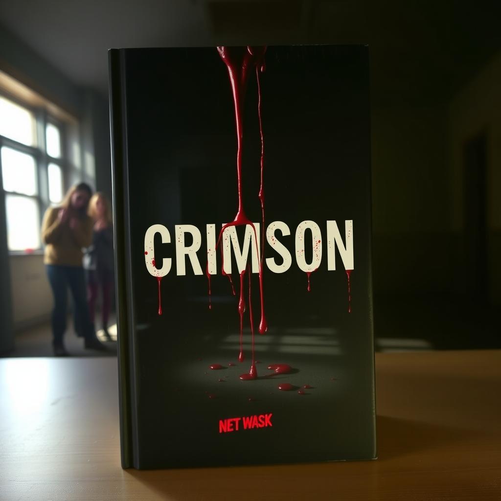 The cover of a book featuring ominous blood dripping down, set against a backdrop of a dark classroom