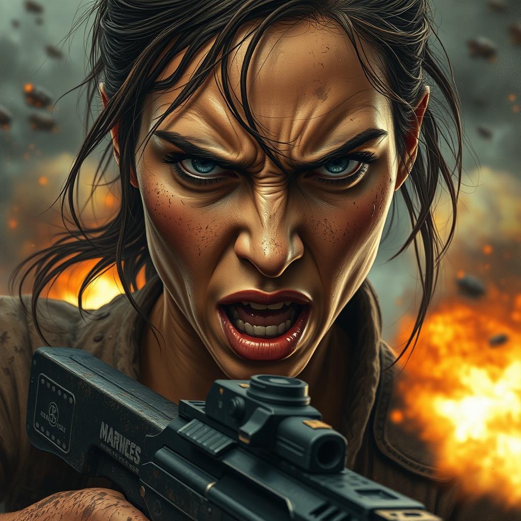 A hyper-realistic photographic illustration depicting a close-up of a woman in her 30s with an intense, angry expression on her face
