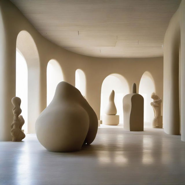 A vast, intensified avant-garde gallery, characterized by its beach-inspired floor and polished concrete walls that amplify the room's illumination. Sweeping sand sculptures stand alongside the tiny silhouettes, who are captivated by the space's artwork. The scene is accentuated through architectural photography.