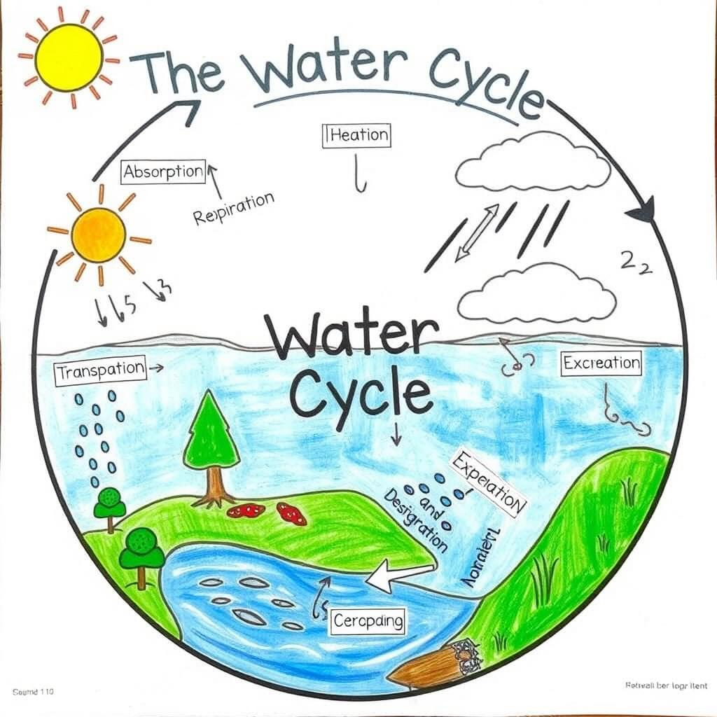 A detailed and educational diagram of the water cycle including the key processes of heating, absorption, evaporation, respiration, excretion, precipitation, transpiration, and condensation
