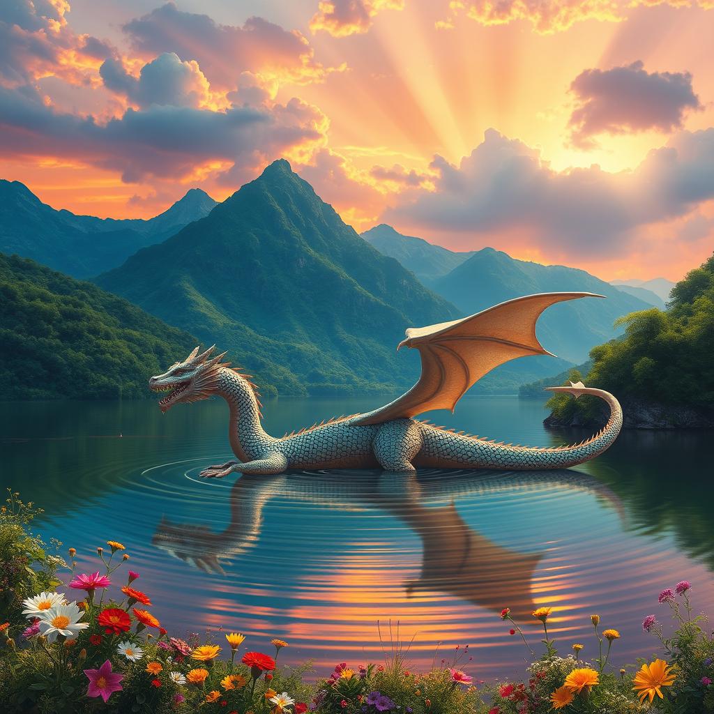A vibrant fantasy landscape featuring a breathtaking sunset over a serene lake, surrounded by lush, green mountains