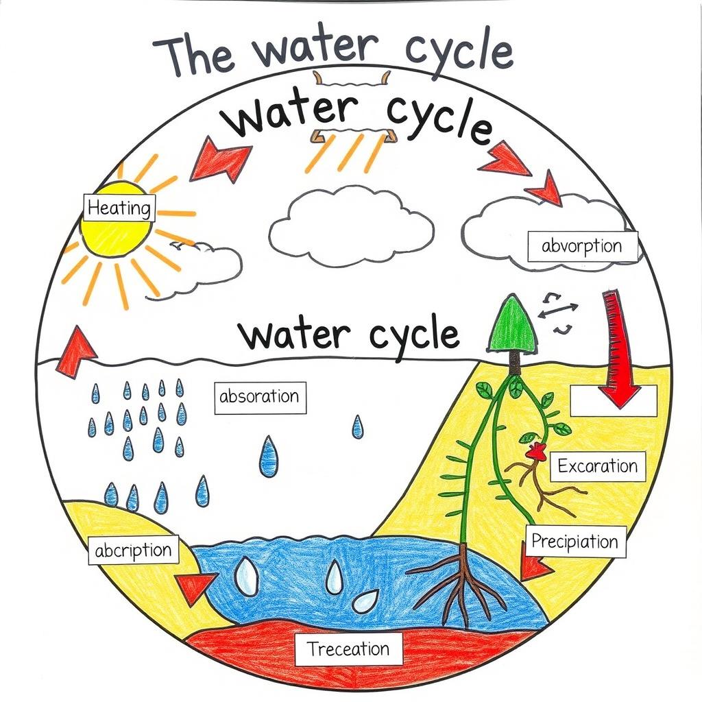 A detailed educational diagram of the water cycle, illustrating the following phases: heating, absorption, evaporation, respiration, excretion, precipitation, transpiration, and condensation