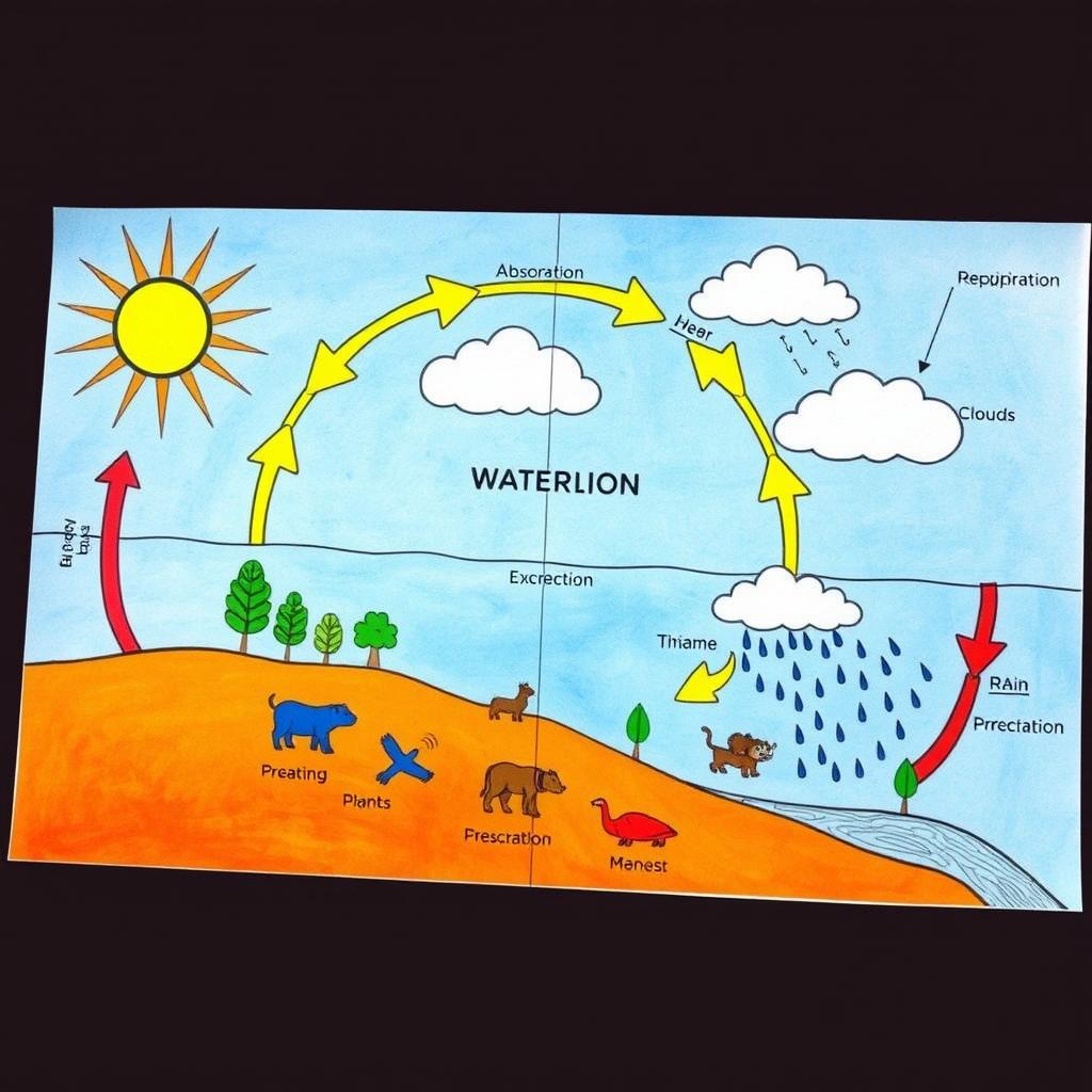 A detailed and visually engaging diagram of the water cycle, illustrating all major components such as heating, absorption, evaporation, respiration, excretion, precipitation, transpiration, and condensation