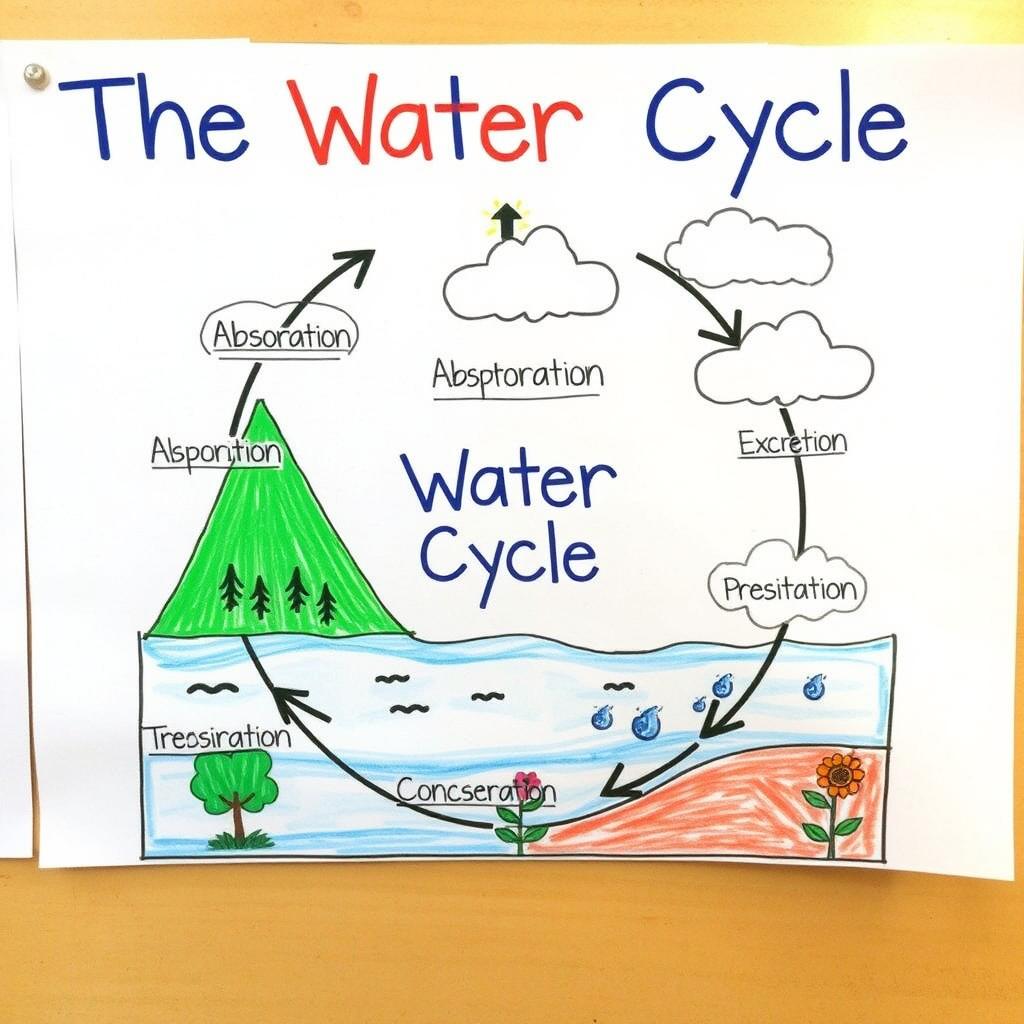 A clear and informative diagram of the water cycle, illustrating the various stages: heating, absorption, evaporation, respiration, excretion, precipitation, transpiration, and condensation