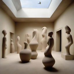 A vast, intensified avant-garde gallery, characterized by its beach-inspired floor and polished concrete walls that amplify the room's illumination. Sweeping sand sculptures stand alongside the tiny silhouettes, who are captivated by the space's artwork. The scene is accentuated through architectural photography.