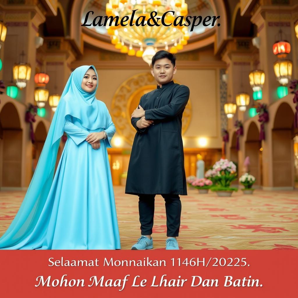 A romantic couple consisting of a beautiful Asian woman wearing a long sky-blue hijab and gown that covers her legs, standing next to a handsome Asian man wearing a black peci and knee-length jubah, with black jeans and sky-blue shoes