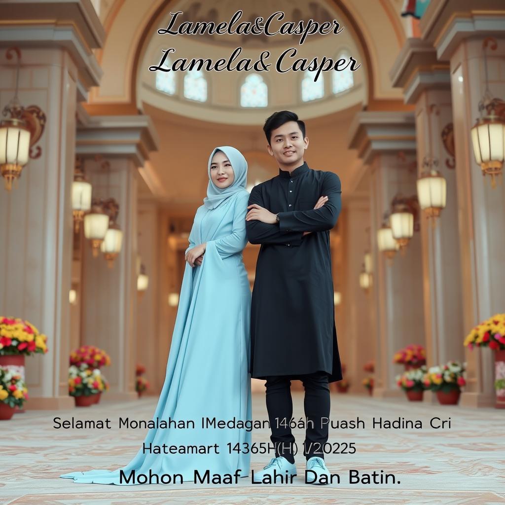 A romantic couple scene featuring a beautiful Asian woman wearing a long, sky blue hijab and dress that covers her legs, standing next to a handsome Asian man wearing a black peci, knee-length robe, and black jeans, with sky blue shoes