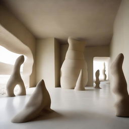 A vast, intensified avant-garde gallery, characterized by its beach-inspired floor and polished concrete walls that amplify the room's illumination. Sweeping sand sculptures stand alongside the tiny silhouettes, who are captivated by the space's artwork. The scene is accentuated through architectural photography.