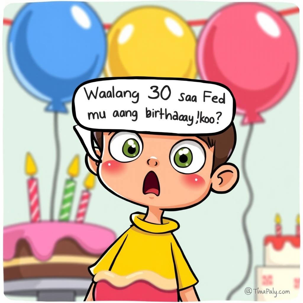 A colorful cartoon-style illustration of a surprised character with a speech bubble saying "Walang 30 sa Feb, panu ang birthday koo?" The character should have wide eyes and an animated expression