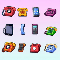 A vibrant spritesheet showcasing various pixel art designs of telephones